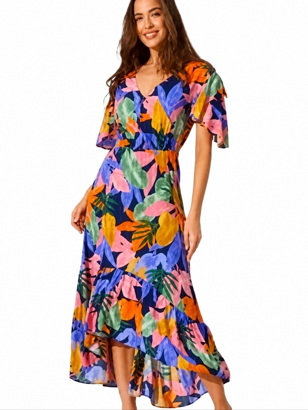 Anthro Abel the Label Tropical Floral Midi Dress XS Rayon Flowy Summer